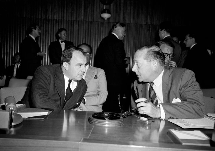 Prince Aly Khan (left), Permanent Representative of Pakistan to the U.N. exchanging views with Ambassador C.W.A. Schurmann, Permanent Representative of the Netherlands to the U.N. at the General Assembly's Steering Committee 19 September 1958 United Nations, New York Image credit: UN Photo / Marvin Bolotsky Photo # 148157